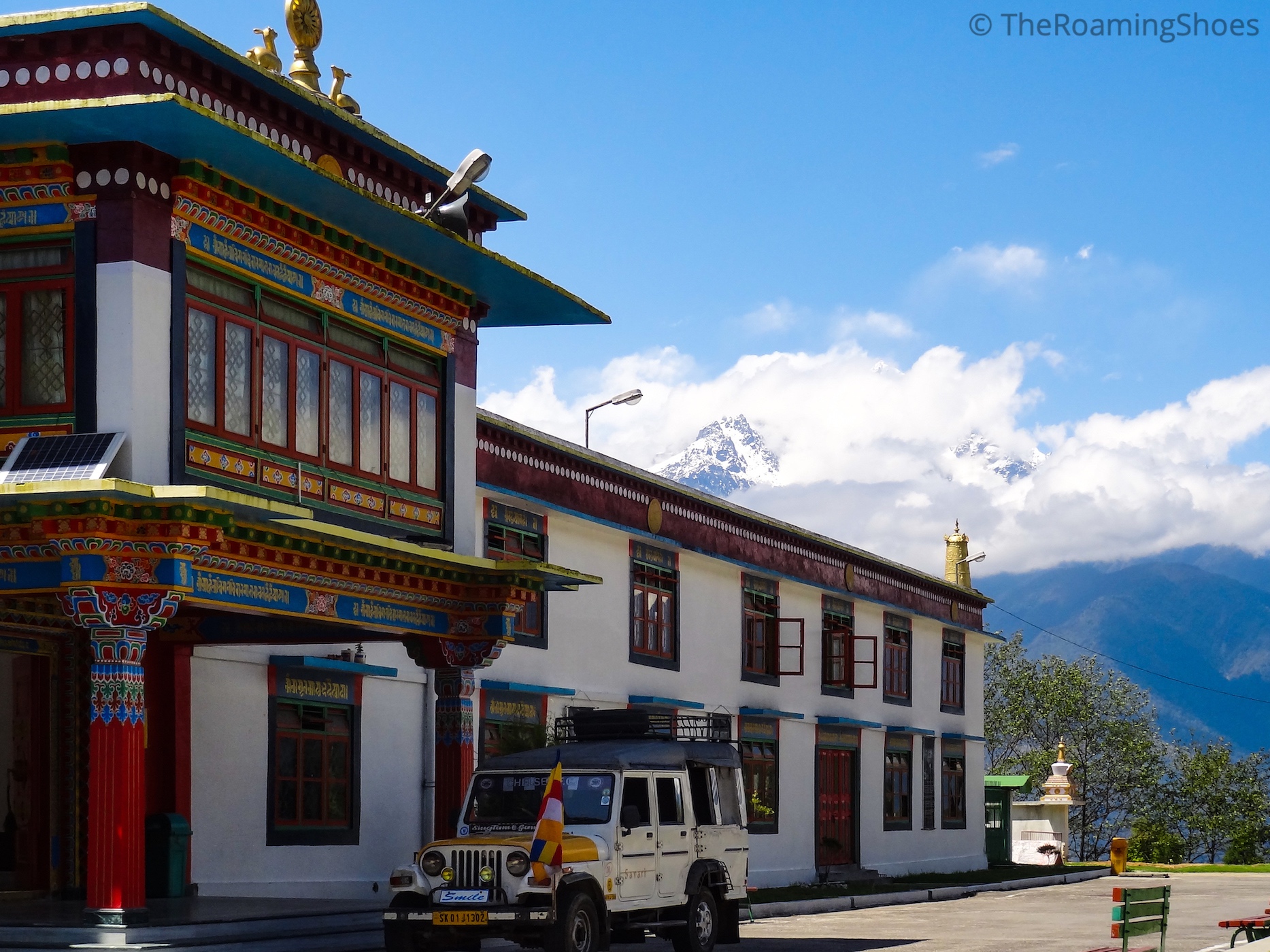 Side view of monastery with Kanchenjunga